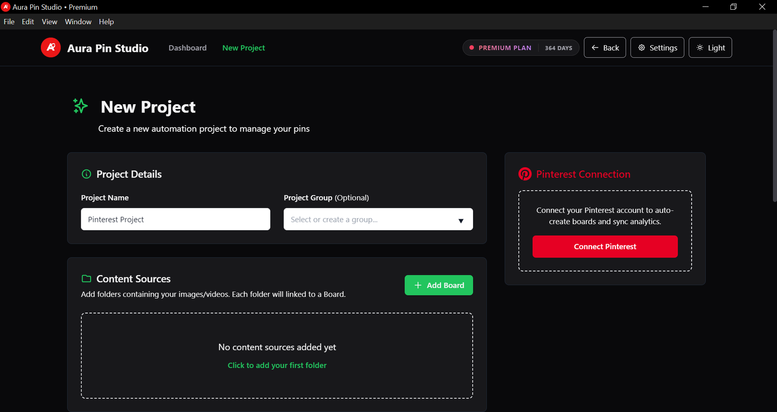 Aura Pin Studio - New Project Screen