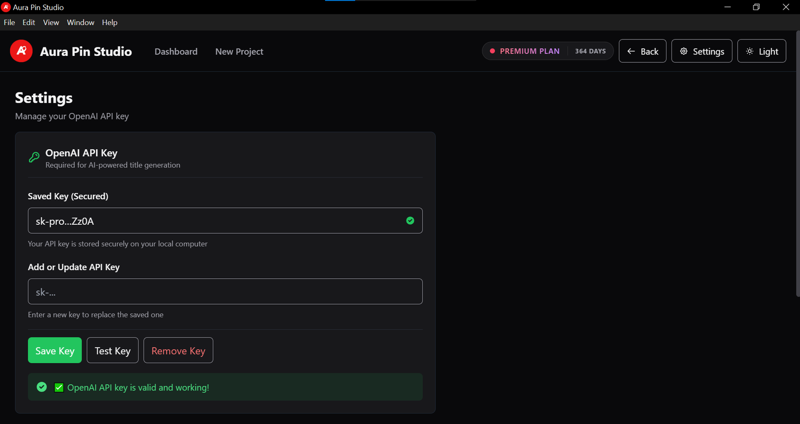 Aura Pin Studio - Settings Screen